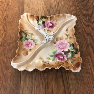 Vintage Floral Lipper & Mann 3 Section Dish Tray Floral Gold Serving Candy Dish